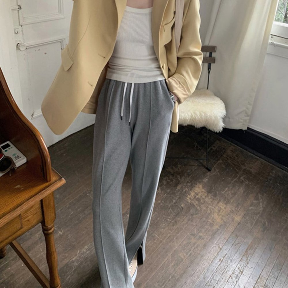 Light Gray Waffle-Knit Seam Front Straight Split Hem Pull-On Sweat Pants